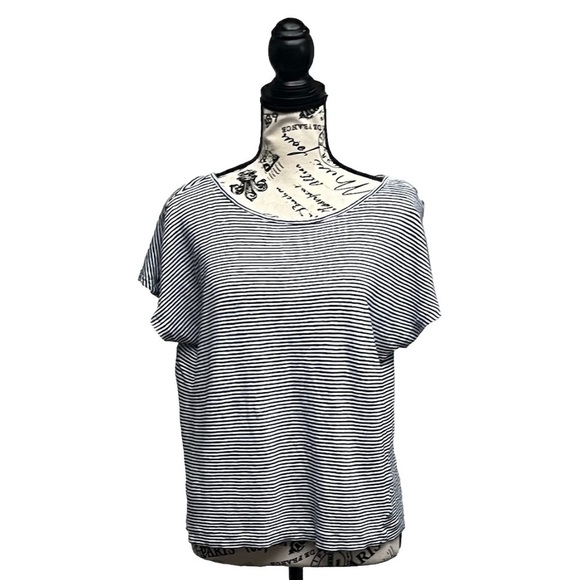 Tahari Shirt V Neck 100% Linen T-Shirt Striped Sz Large Nautical Neck Preppy - Picture 1 of 7